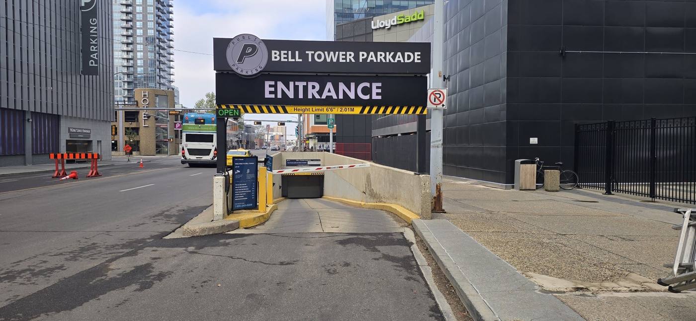 Bell Tower Parkade - Entrance sign
