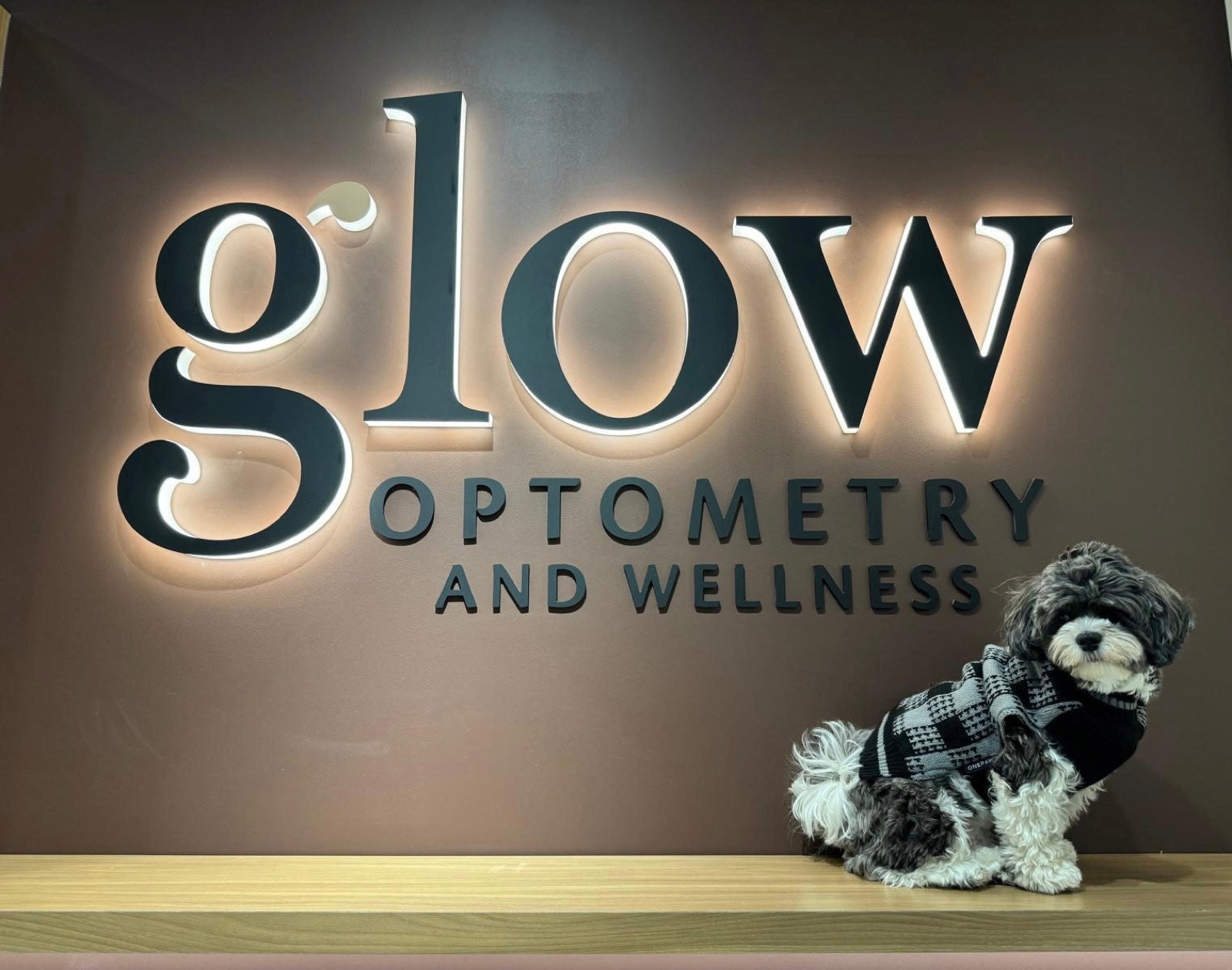 Gold dimensional channel letters reading Glow Optometry and Wellness on a wood-panel storefront